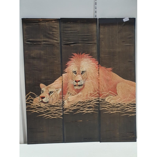 122 - A antique three panel silk screen depicting Lions a/f, shipping unavailable