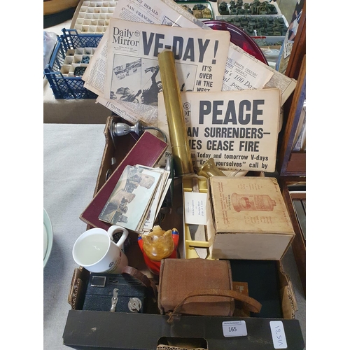 165 - A large tray of collectables including brass shell case and WW2 ephemera - VE and VJ day papers