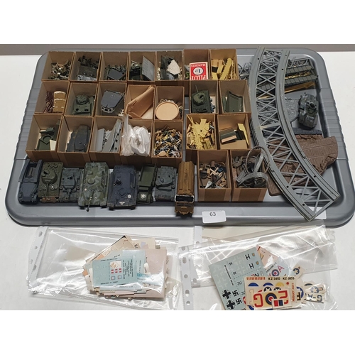 63 - A selection of scale model spares with decals, some part built models and accessories