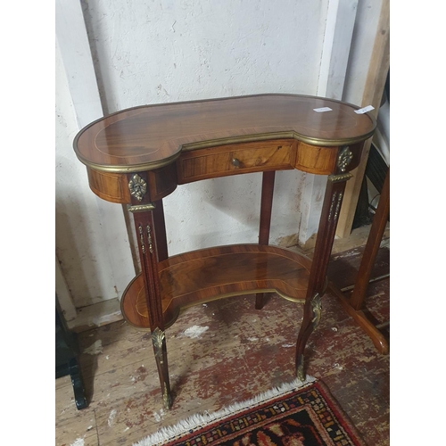 82 - A vintage Walnut kidney shaped console table with boxwood stringing and brass accents, h76 x w61cm, ... 