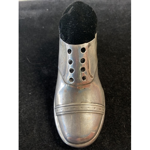 177 - A large antique hallmarked for Chester 1909 silver pin cushion in the form of a shoe