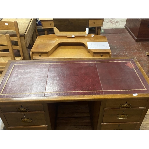 258 - A antique circa 1910 knee hole desk with two pairs of graduated drawers and leather insert,with Art ... 