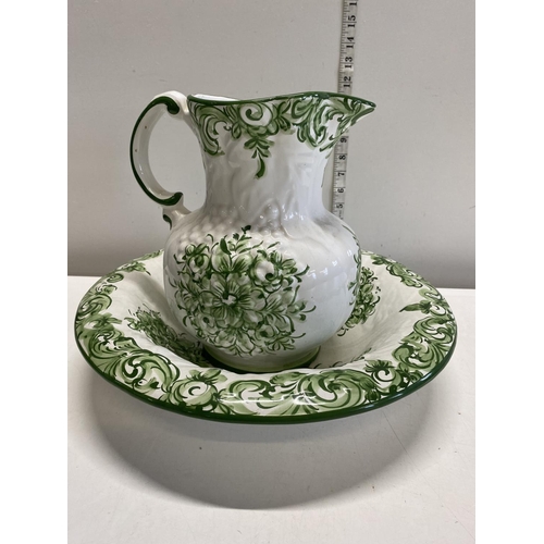 341 - A antique green and white jug and basin set, shipping unavailable