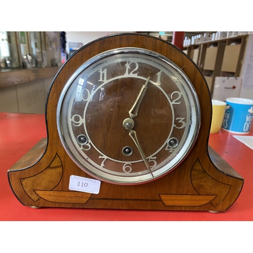 110 - A 1930`s wooden cased mantle clock with key and pendulum (untested). Shipping unavailable