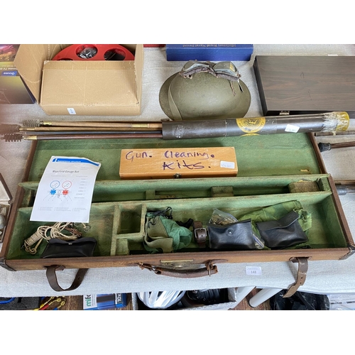 148 - A vintage shotgun case and contents and selection of gun cleaning kits etc, shipping unavailable