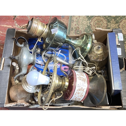 160 - A selection of silver plated wares with two brass oil lamp bases, shipping unavailable