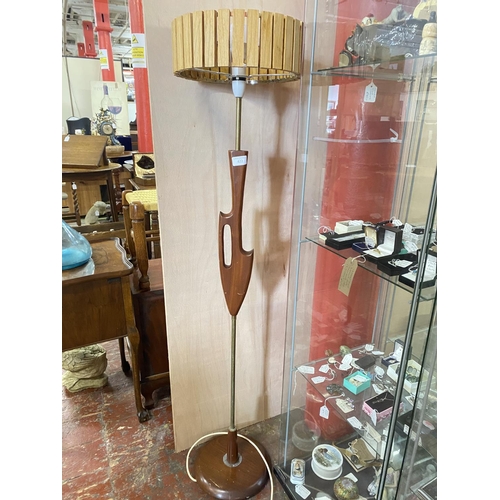 69 - A vintage mid century teak Scandinavian design floor lamp with wooden slatted shade, h133cm shipping... 