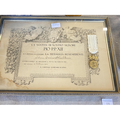 131 - A framed document signed by Pius XII Pope 1876-1958. dated 18th Feb 1946. With medal awarded to Enri... 