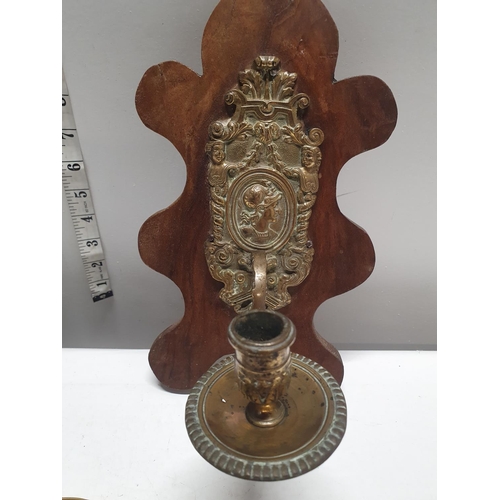 24 - A pair of wood and brass wall candle sconces and a pair of chamber sticks, shipping unavailable