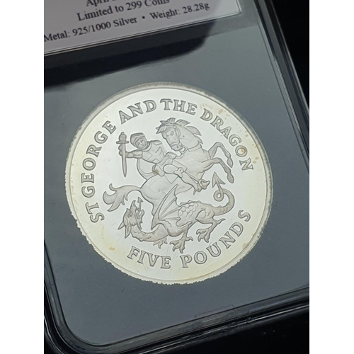 104 - The first day of issue St George & the dragon silver £5 proof coin