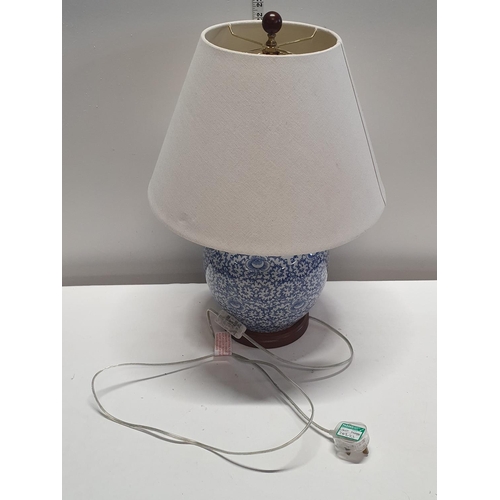 31 - A blue and white Ralph Lauren ceramic table lamp and shade h57, shipping unavailable