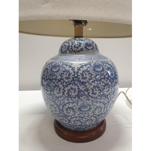 31 - A blue and white Ralph Lauren ceramic table lamp and shade h57, shipping unavailable