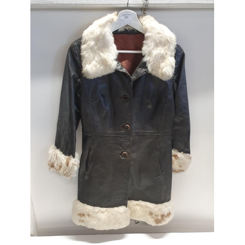 351 - A vintage ladies leather coat with fur trim