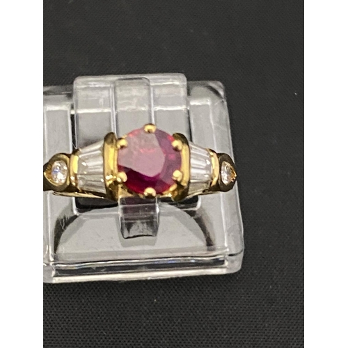 107 - A18ct gold Ruby and Diamond ring pendant and earring set (ring size K) total weight 8.88g