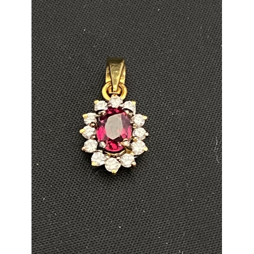 107 - A18ct gold Ruby and Diamond ring pendant and earring set (ring size K) total weight 8.88g