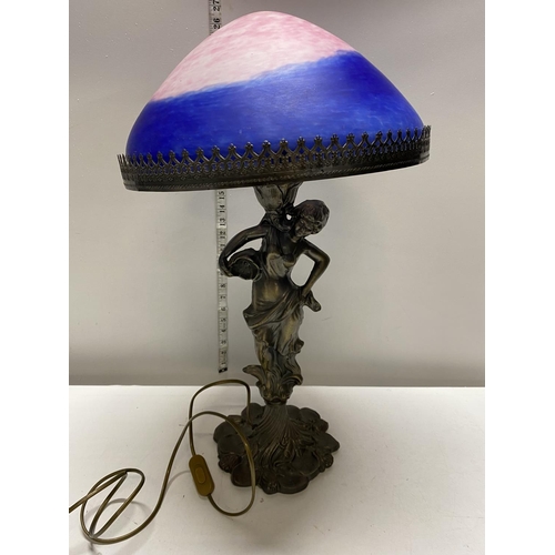 1 - A cast metal lamp base in the form of a classical figure with a pink and blue swirl glass shade h63c... 