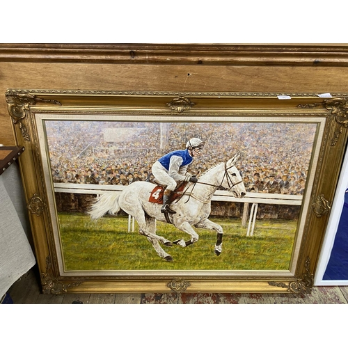 73 - A large gilt framed horse racing oil on canvas depicting 'Desert Orchid' 110x80cm, shipping unavaila... 