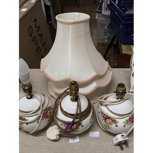 9 - Three Royal Albert Old Country Roses lamp bases with shades tallest 24cm without shade, shipping una... 