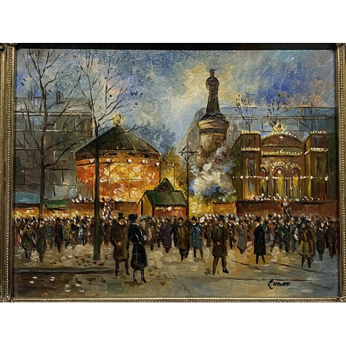 32 - An acrylic oil on board Parisian street scene, 20th century by L.Kauff 31x25cm