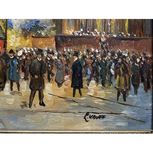 32 - An acrylic oil on board Parisian street scene, 20th century by L.Kauff 31x25cm