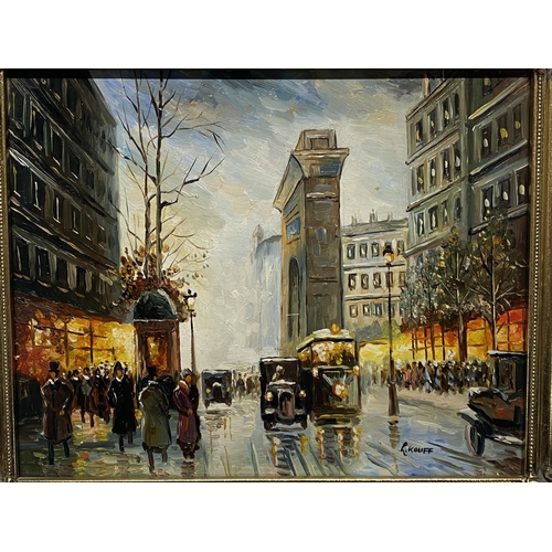 33 - An acrylic oil on board Parisian street scene, 20th century by L.Kauff 31x25cm