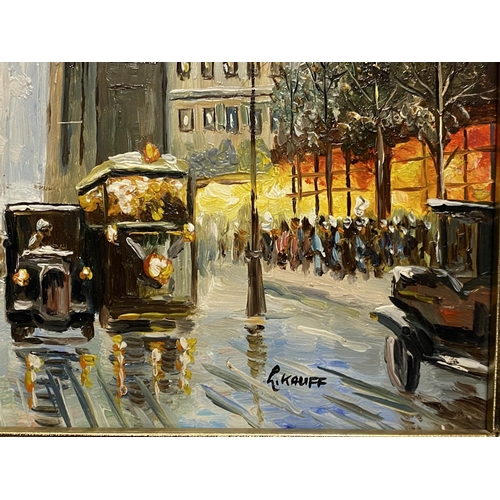 33 - An acrylic oil on board Parisian street scene, 20th century by L.Kauff 31x25cm