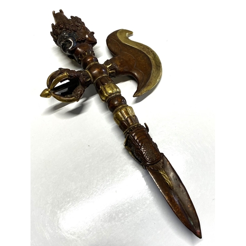 205 - A heavy antique ritual Tibetan iron and gilt bronze Vajra Kartika Phurba dagger with finely cast ima... 