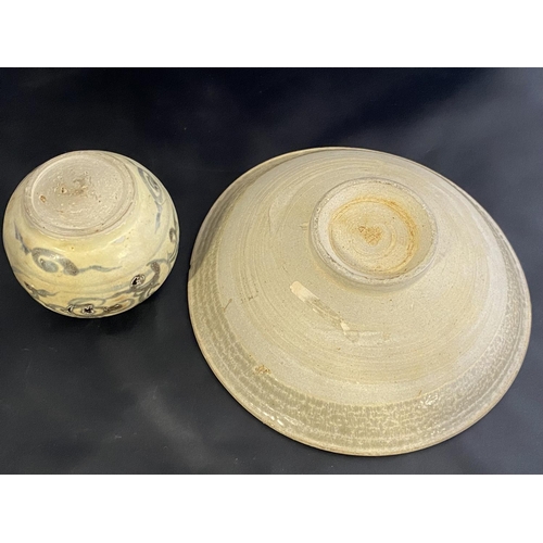 223 - Two pieces of Chinese Ming Dynasty clay pottery including a blue and white jarlet and a celadon bowl