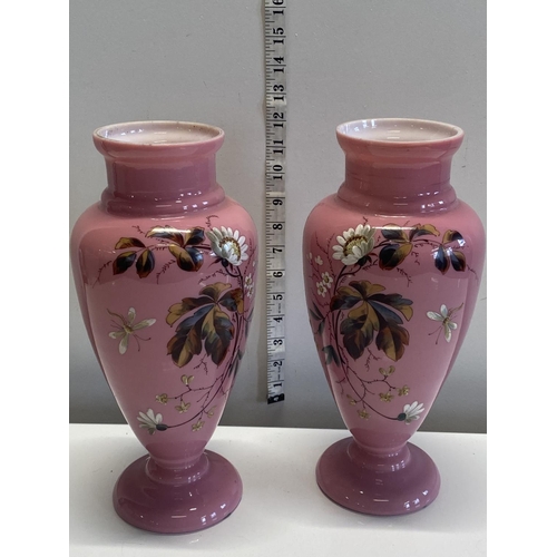 24 - A antique pair of hand painted bohemian opaline vases h32cm