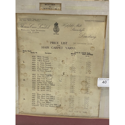 40 - A framed piece of ephemera from Highfields Mill Dewsbury dated 1936, 70x61cm, shipping unavailable