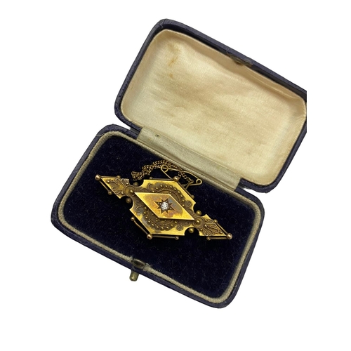 125 - A antique hallmarked for Chester 15ct gold mourning brooch with a central solitaire diamond & safety... 