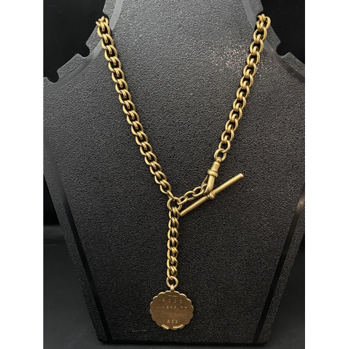 132 - A antique 9ct gold Albert chain & fob. 36.00 grams. Each link individually hallmarked