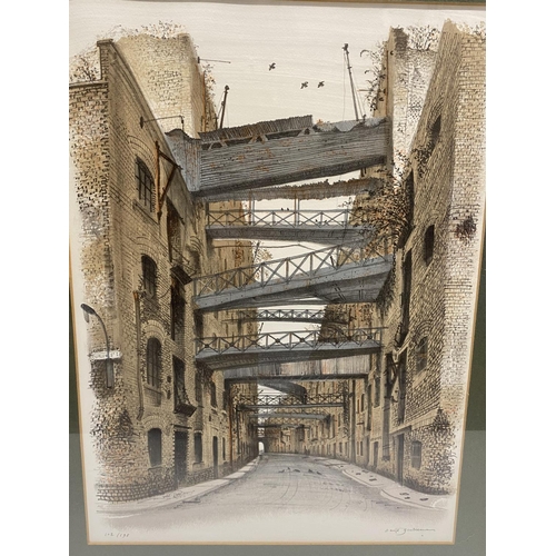 257 - A framed limited edition lithograph by David Gentleman 'Empty Warehouse's Shad Thames' dated 1985, s... 