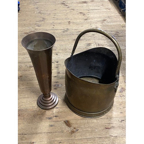 57A - A vintage brass coal bucket and a copper vase (height 40cm), shipping unavailable