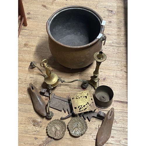 57B - A antique copper coal bucket and contents of vintage metal wares, shipping unavailable