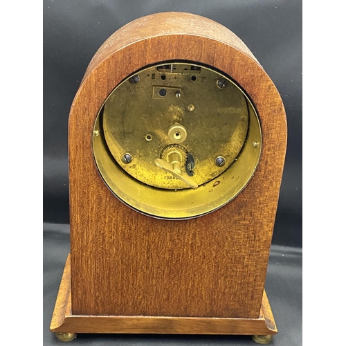 221 - An Edwardian J W Benson wooden cased mantle clock with boxwood inlay, working