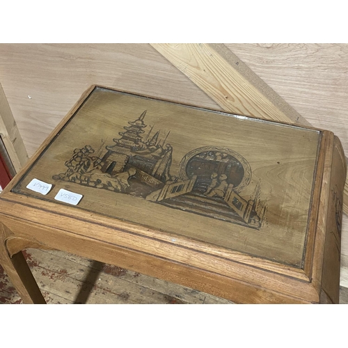 211 - A Chinese themed table with glass insert H65x60x37cm, shipping unavailable