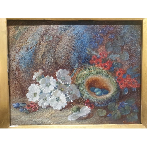 21 - A Vincent Clare (1855-1930) oil on canvas depicting still life study of fauna and birds nest signed ... 