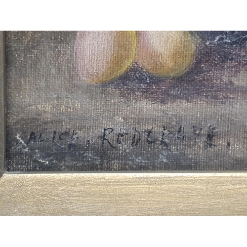 29 - A Alice Redgrave in the manner of Oliver Clare oil on canvas depicting fruit and fauna in a ornate g... 