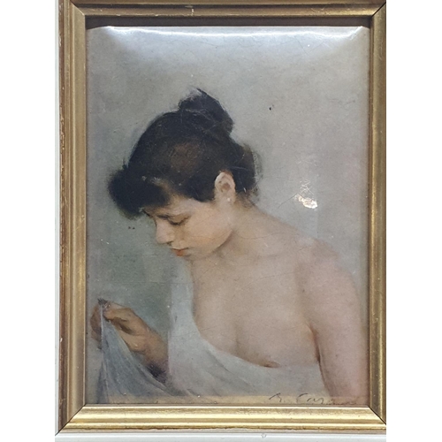 102 - A framed miniature print of a semi-nude woman singed R. Casas overall dimensions 22x18cm