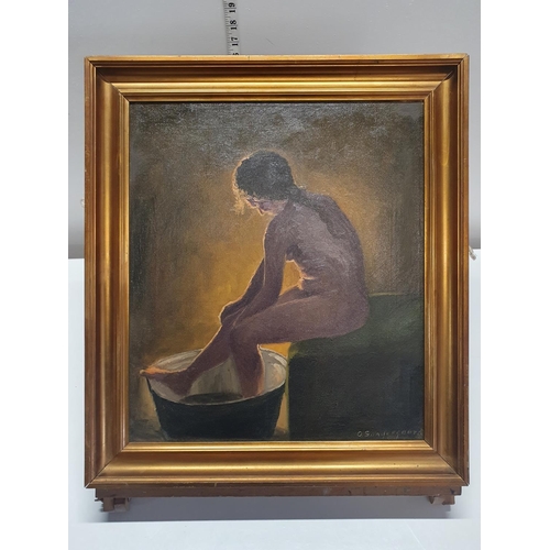 117 - A Ole Sondergaard Danish painter (1876-1958) oil on canvas nude study of lady washing in tin bath in... 