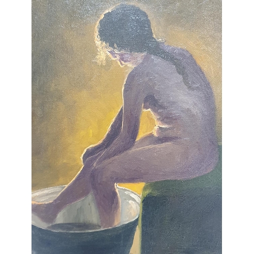 117 - A Ole Sondergaard Danish painter (1876-1958) oil on canvas nude study of lady washing in tin bath in... 