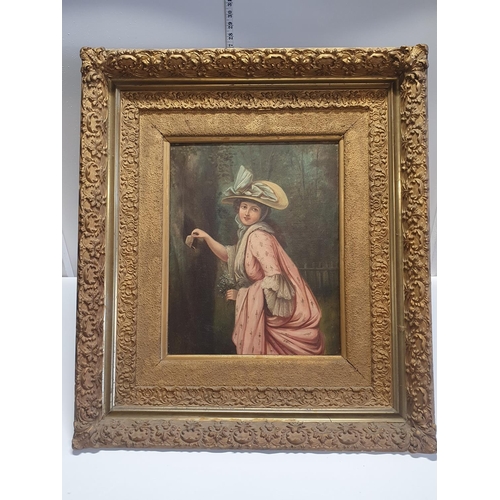 38 - A Victorian oil on canvas depicting  young lady hiding love letters in a tree, artist unknown in a h... 