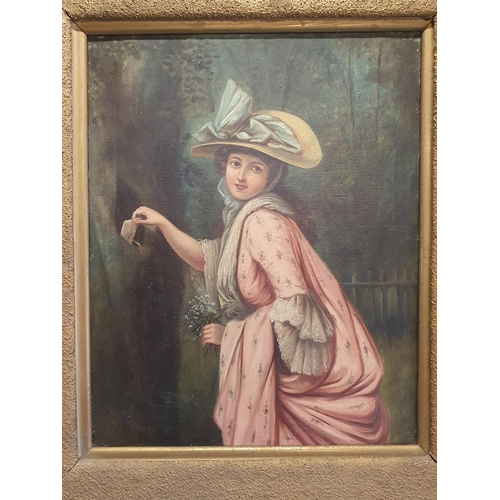 38 - A Victorian oil on canvas depicting  young lady hiding love letters in a tree, artist unknown in a h... 