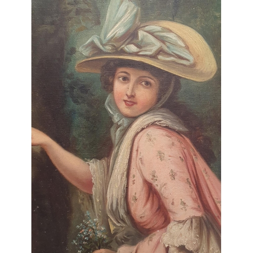 38 - A Victorian oil on canvas depicting  young lady hiding love letters in a tree, artist unknown in a h... 