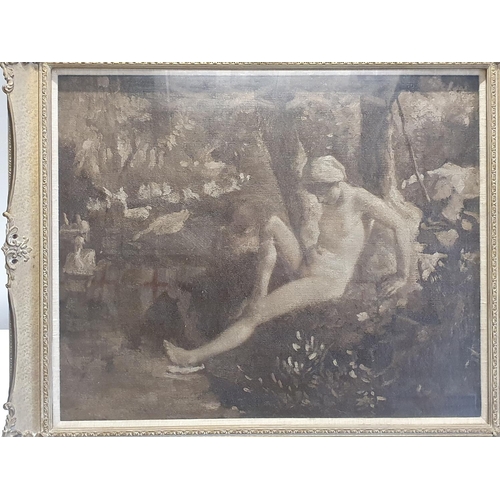 42 - A 19th century French school monochrome oil on canvas depicting a nude study artist unknown in a orn... 