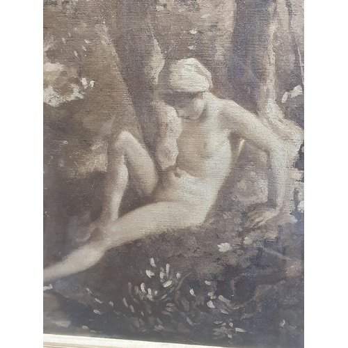 42 - A 19th century French school monochrome oil on canvas depicting a nude study artist unknown in a orn... 