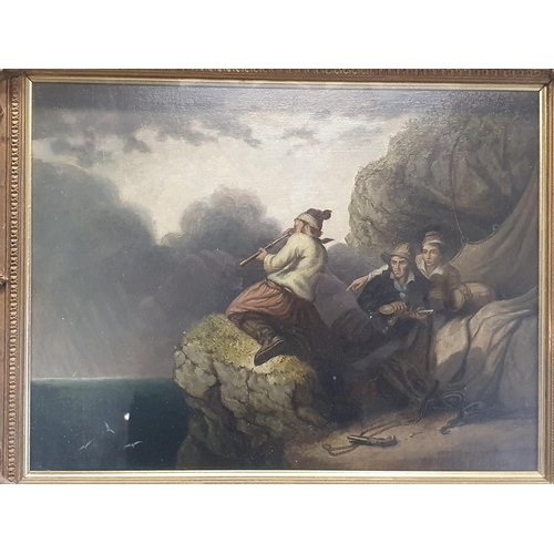 47 - A framed oil on canvas after James Alfred Atkin entitled Smugglers Lookout' 1867 by G J Ford  in a o... 