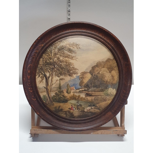 51 - A Georgian watercolour in oak frame depicting a river scene with figures in foreground artist unknow... 