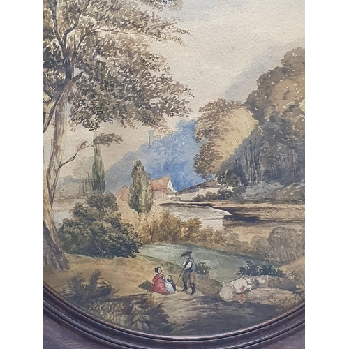 51 - A Georgian watercolour in oak frame depicting a river scene with figures in foreground artist unknow... 